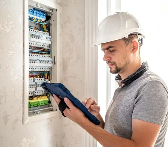 Electrician cu cască de protecție care verifică pe tabletă circuitele unui tablou electric