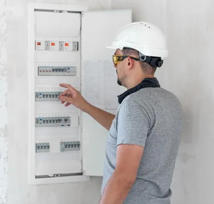 Electrician care verifică siguranțele automate dintr-un tablou electric